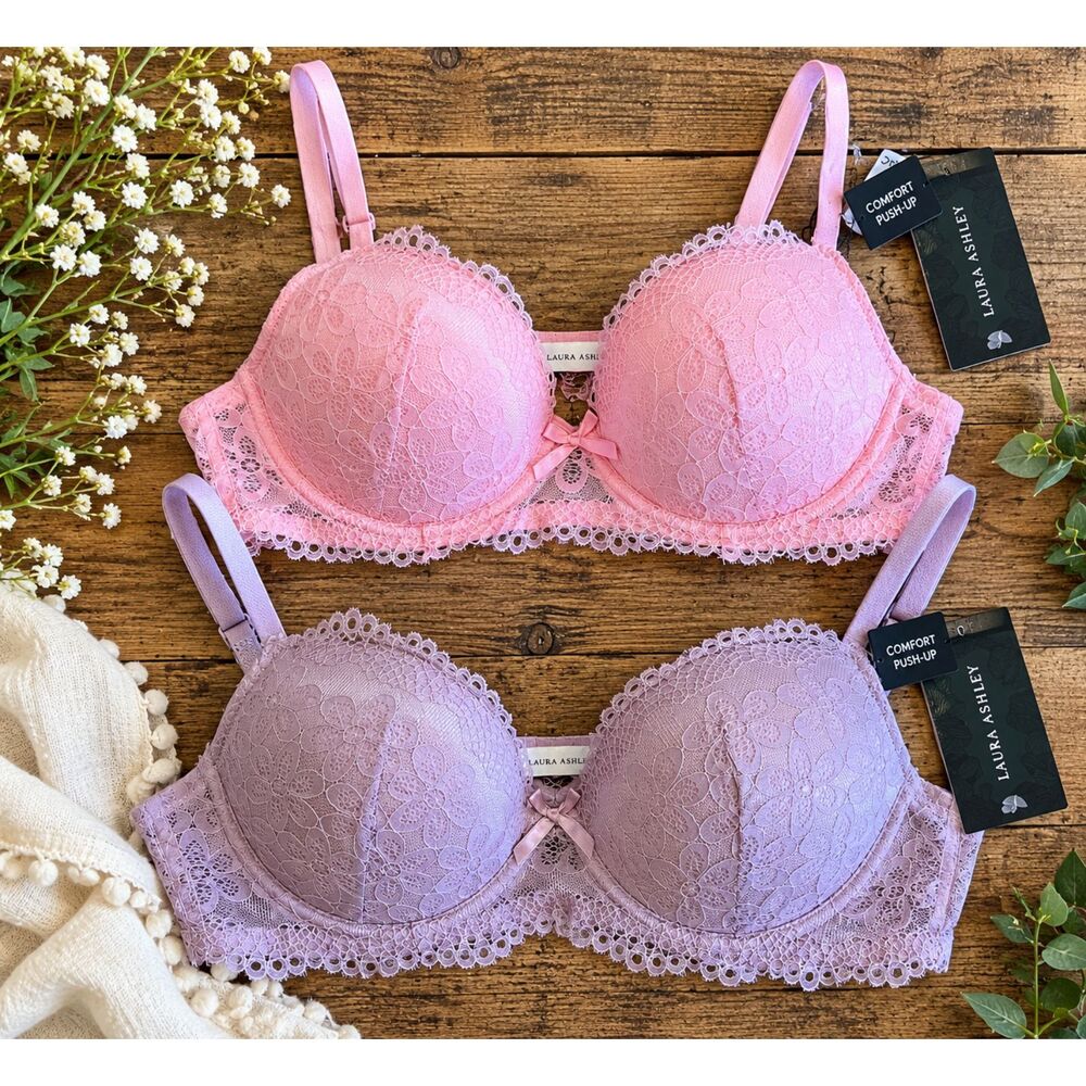 Laura Ashley Set of Two Bras 32C Padded Push Up Lace NEW Pink Purple Lacy
